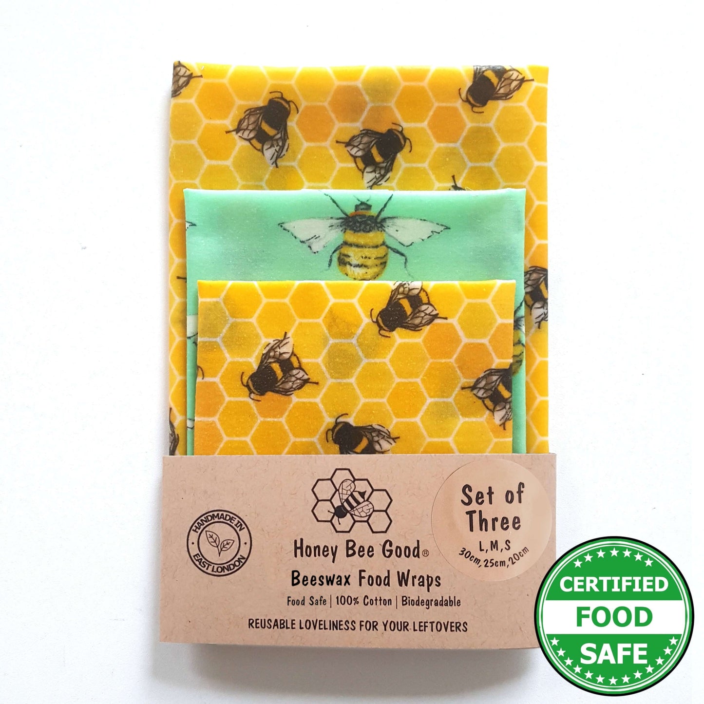 *Classic Set of 3 L, M, S Beeswax Food Wraps | Bee Happy